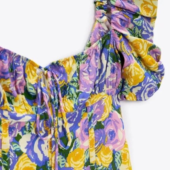 Zara purple and yellow floral printed corset style mini dress size XS NWOT - Picture 4 of 10